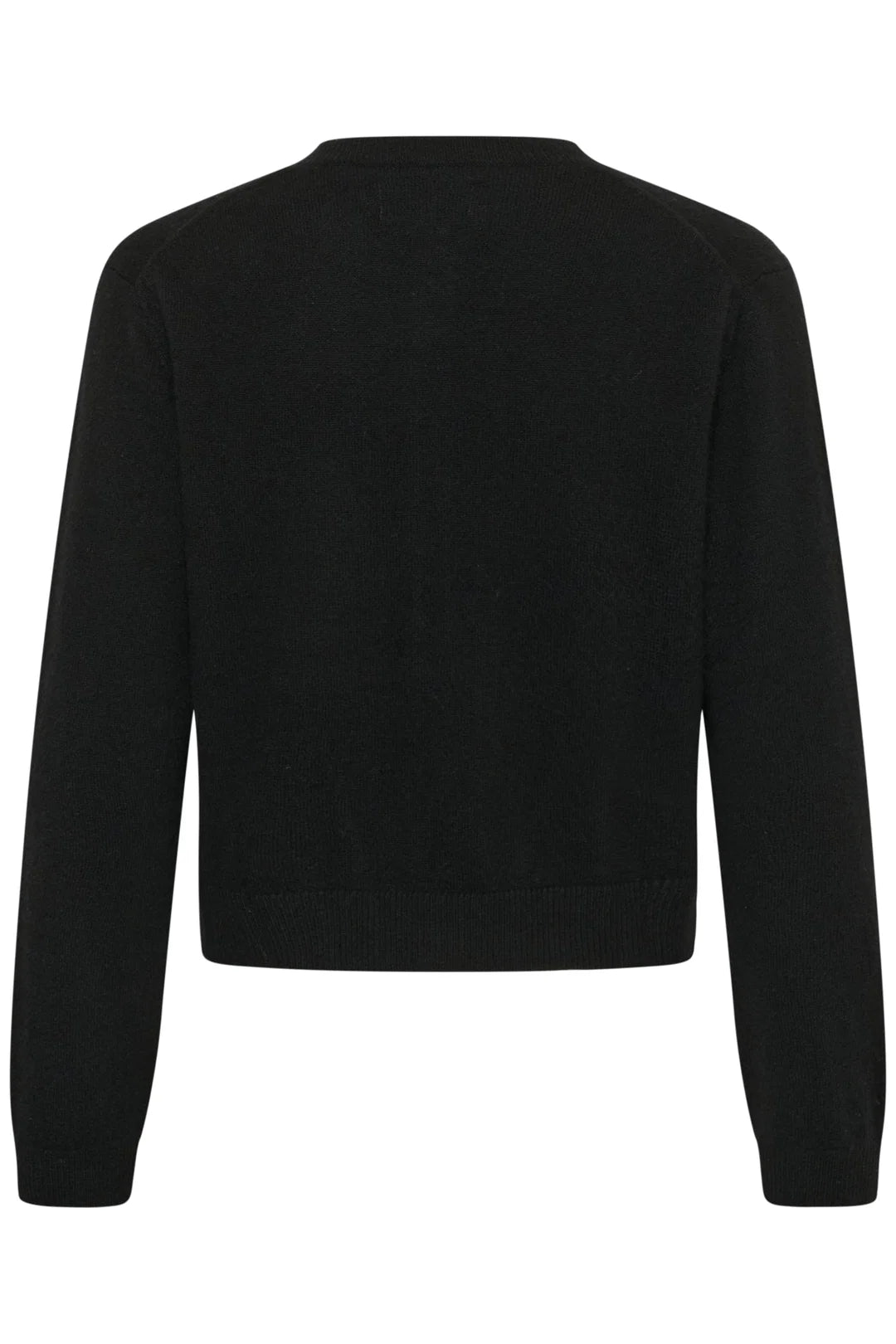 Black cashmere cardigan back view with round neck and ribbed cuffs and hem