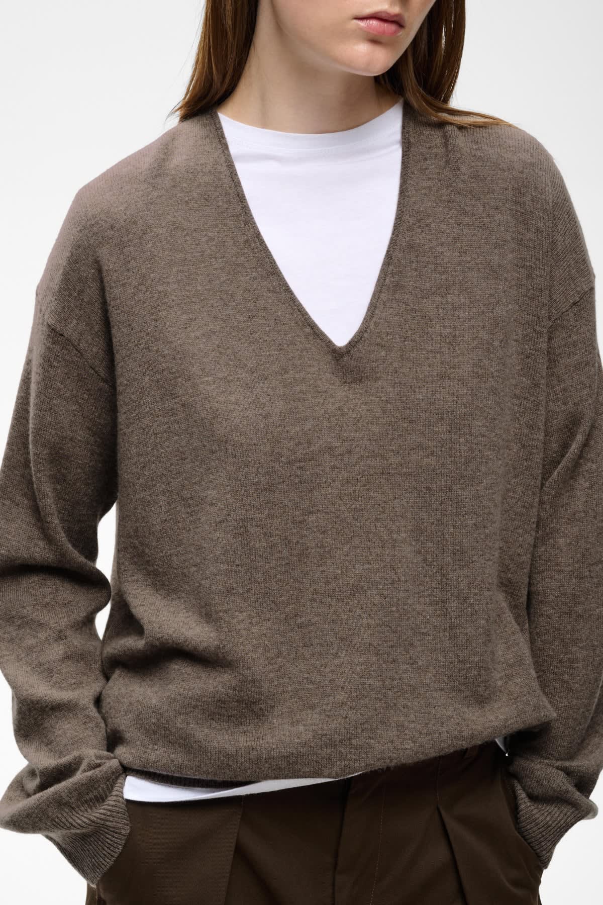 InWear Tally Monika taupe brown V-neck knit sweater layered over white tee
