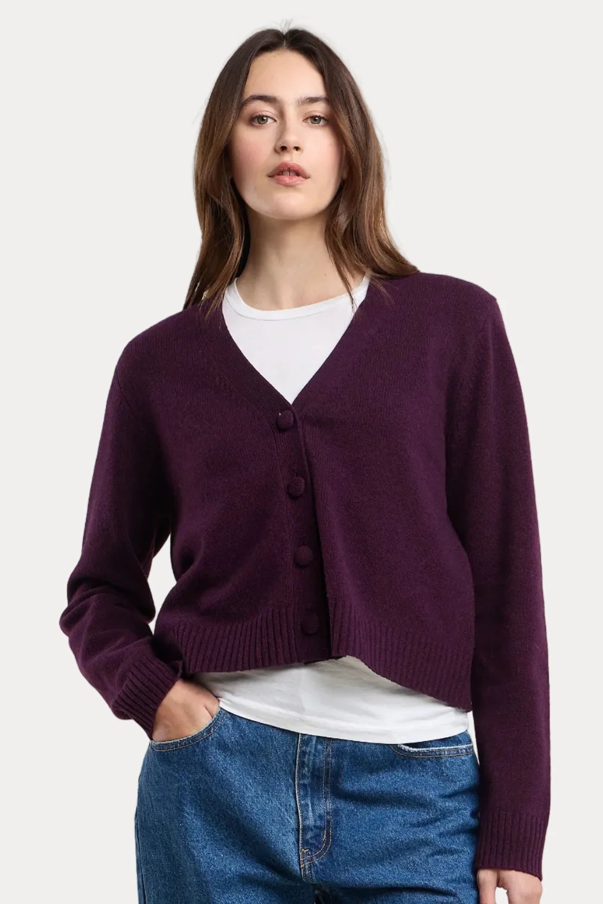 Velvet ETNA07 deep plum cropped V-neck cardigan with button front and ribbed trim