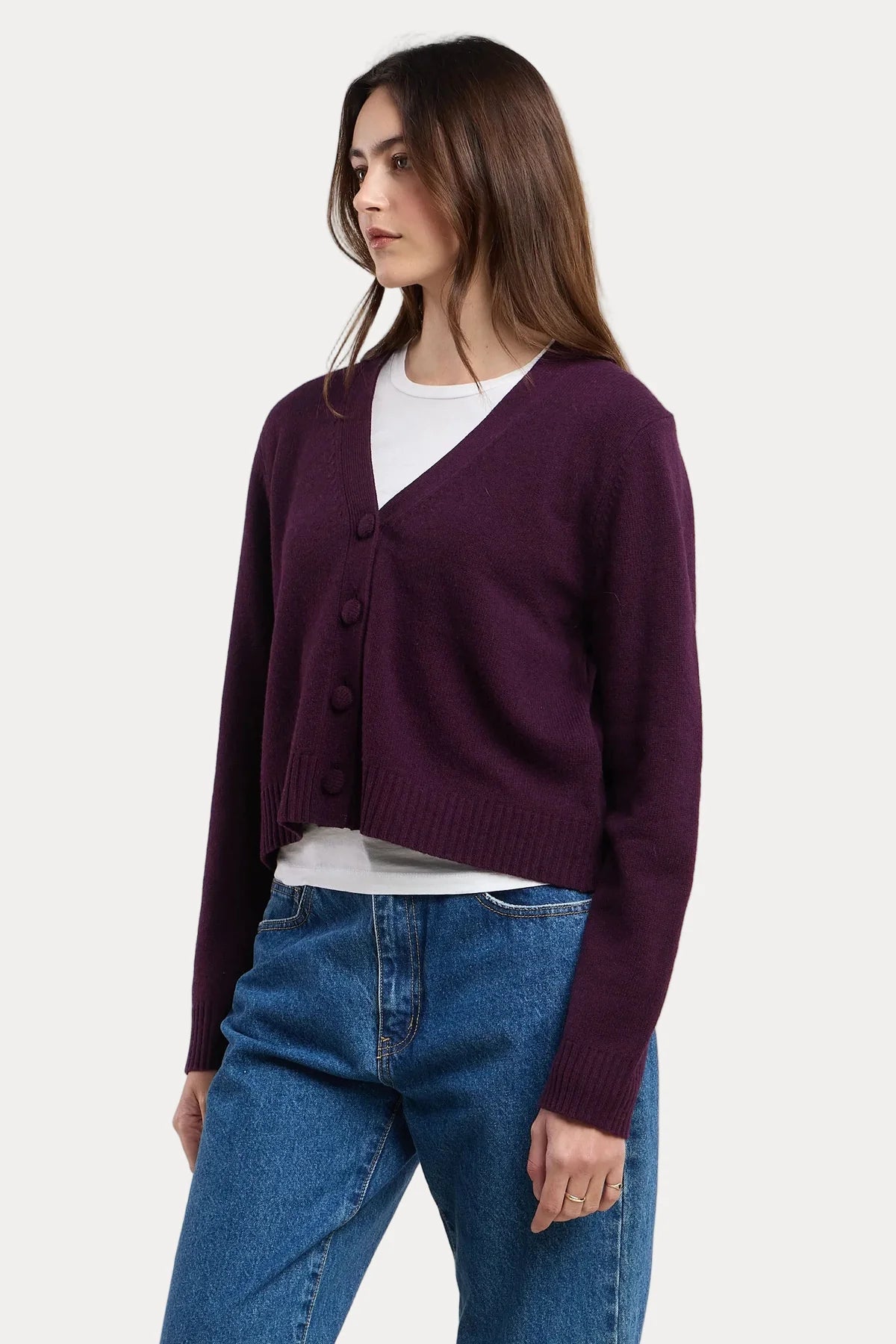 Velvet ETNA07 cropped purple cashmere cardigan with V-neck and fabric buttons