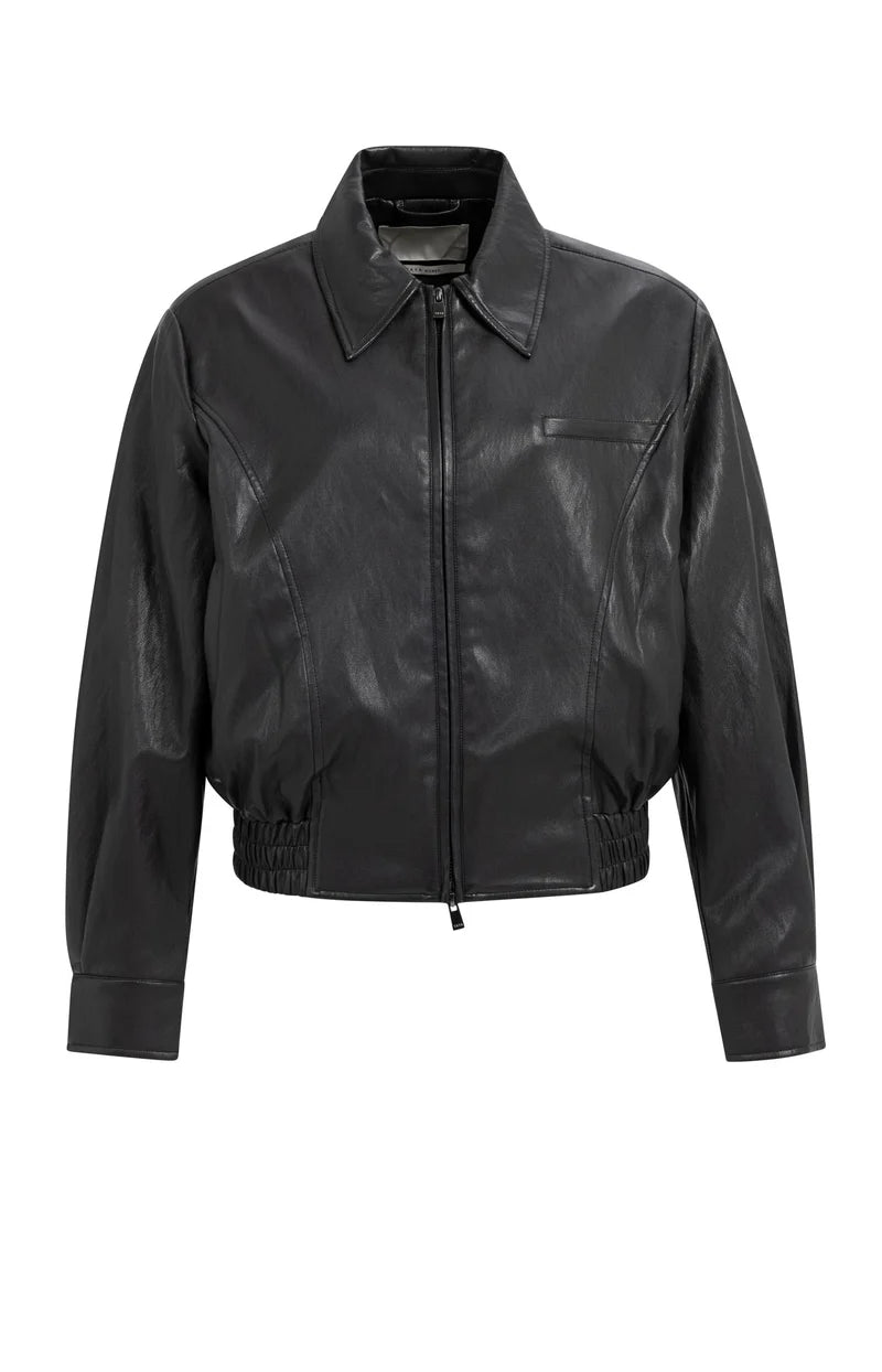 Black faux leather cropped bomber jacket with zip front and elastic hem