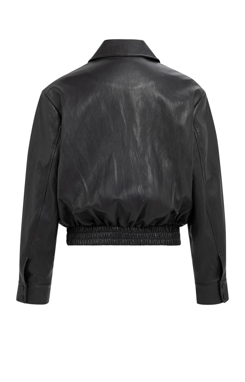 Black faux leather cropped bomber jacket with elastic hem and snap cuffs, back view