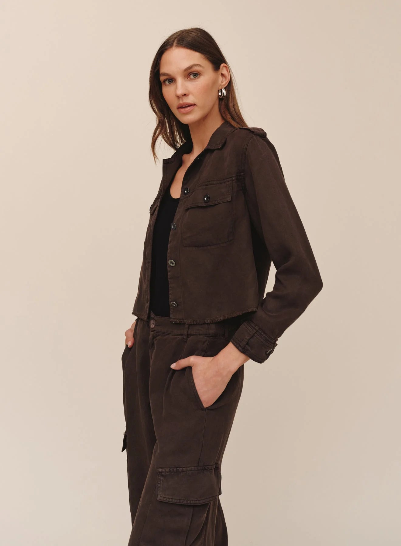 Bella Dahl cropped dark brown utility jacket with button front and fray hem