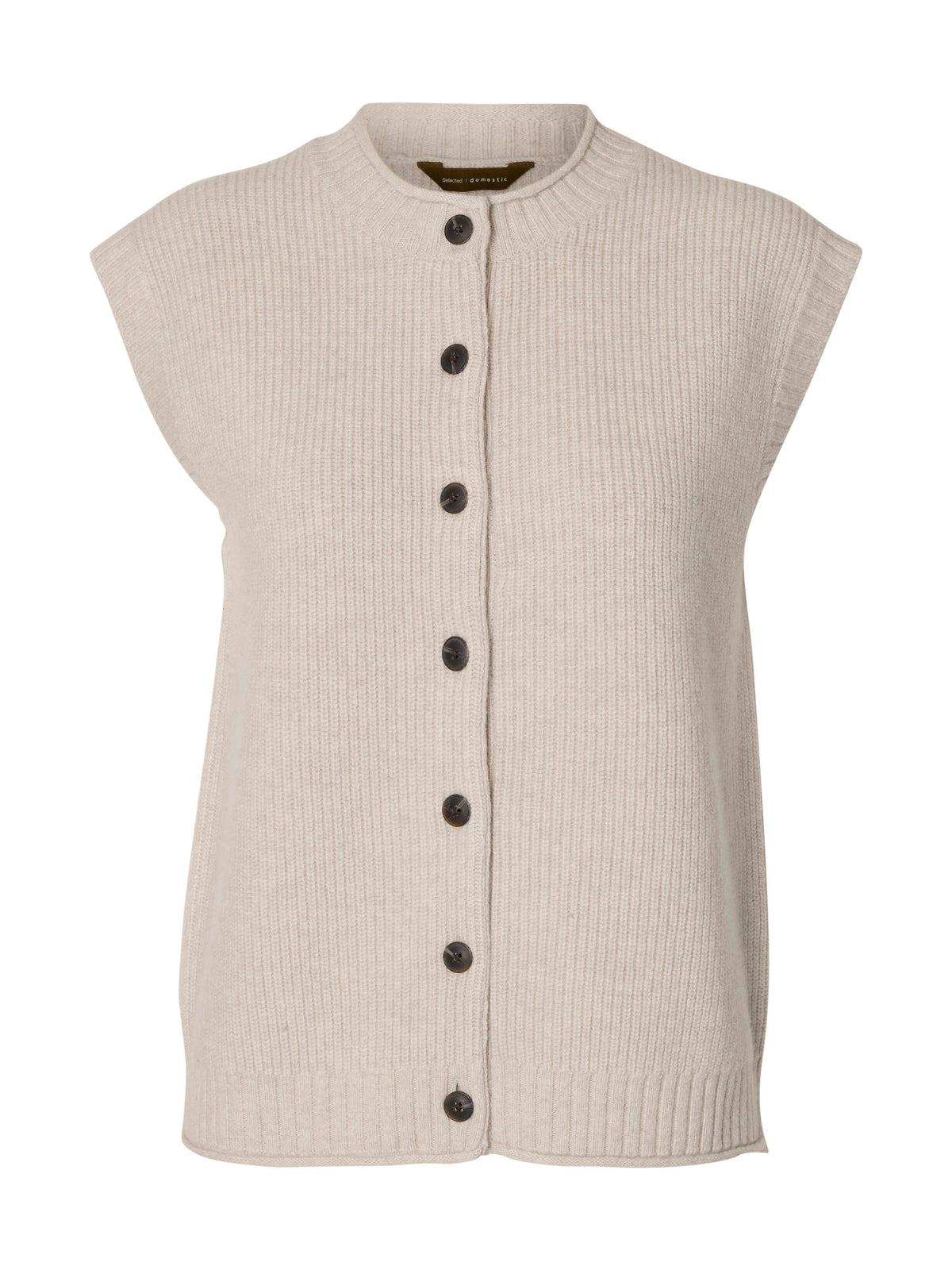 Selected Femme sleeveless knit vest in silver birch with dark button front closure