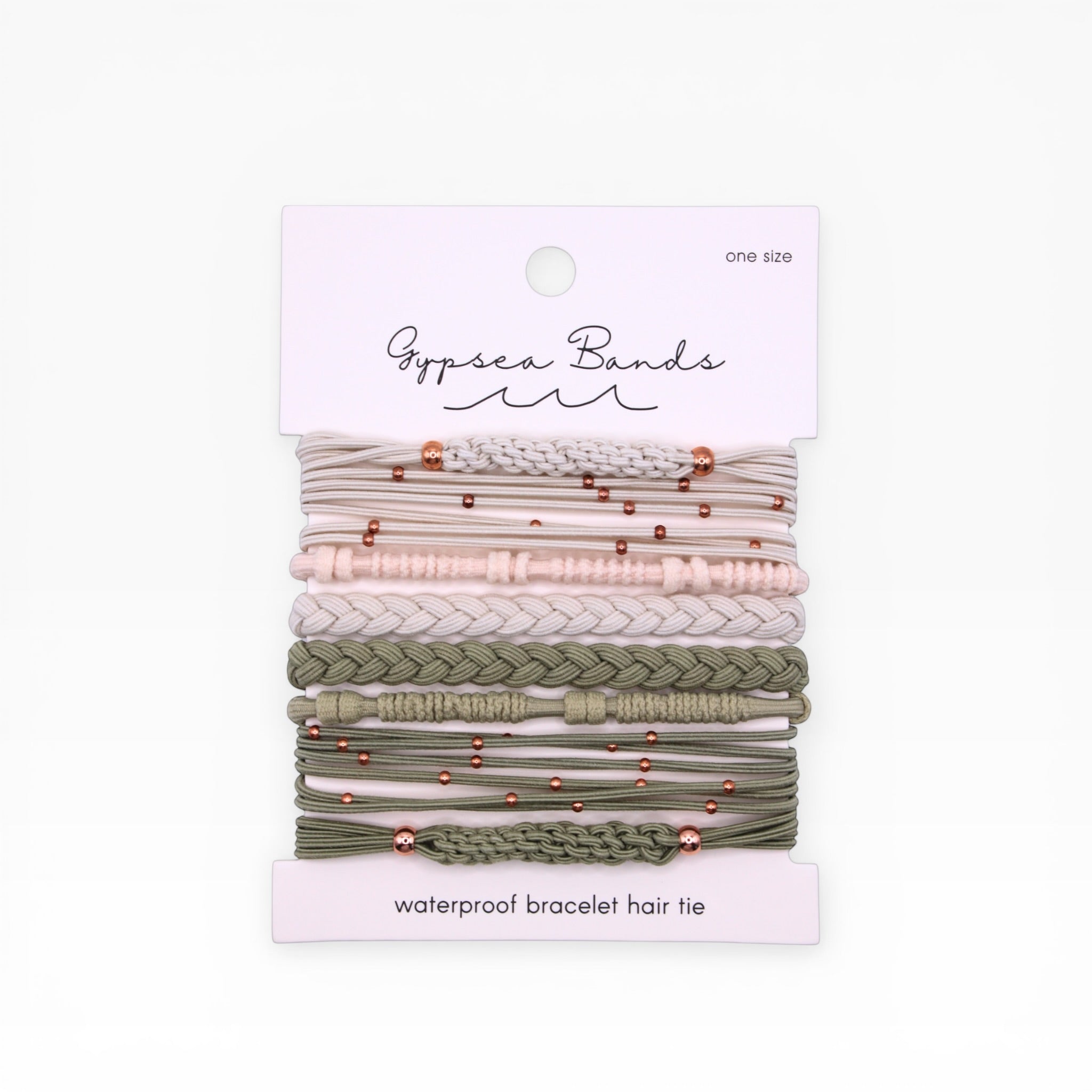 Gypsea Bands Dana Point waterproof bracelet hair ties set in sage green and blush pink on packaging card