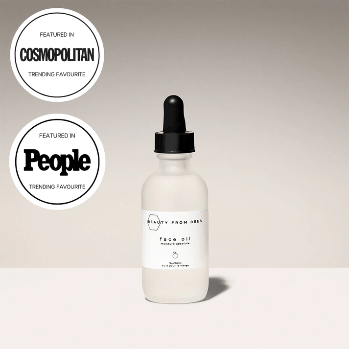 Beauty From Bees face oil in frosted glass dropper bottle with black top