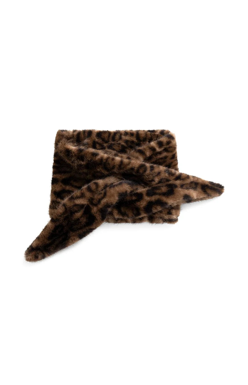 Faux fur leopard print scarf in brown and black tones