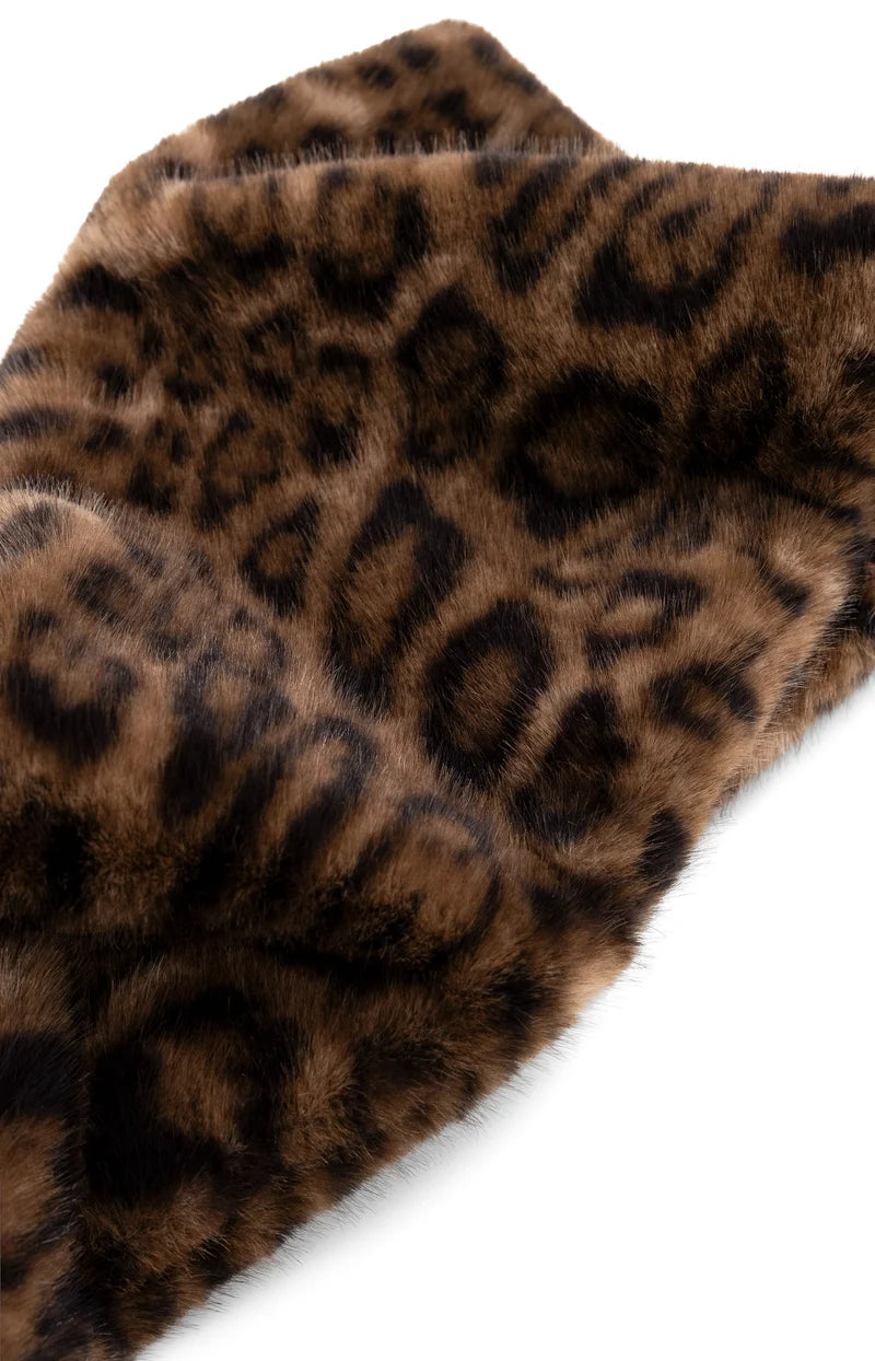 Faux fur scarf in brown with black leopard print pattern