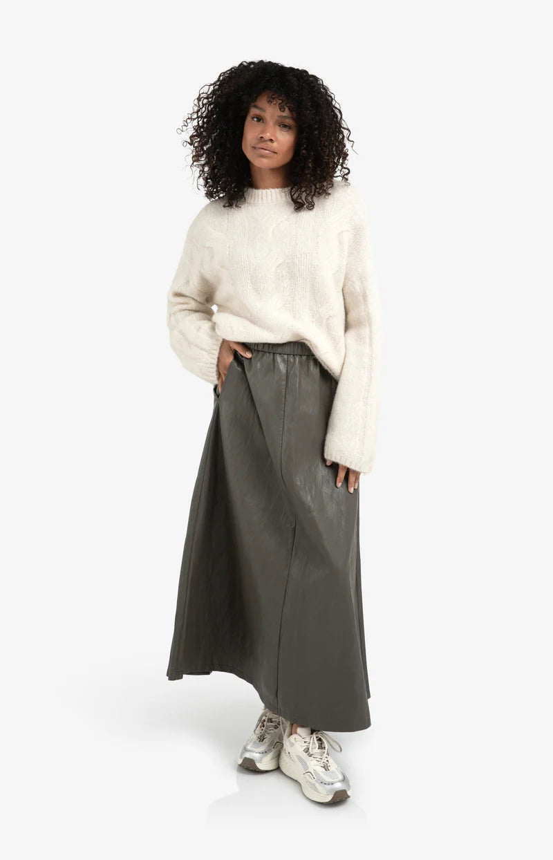 FAUX LEATHER A-LINE MIDI SKIRT