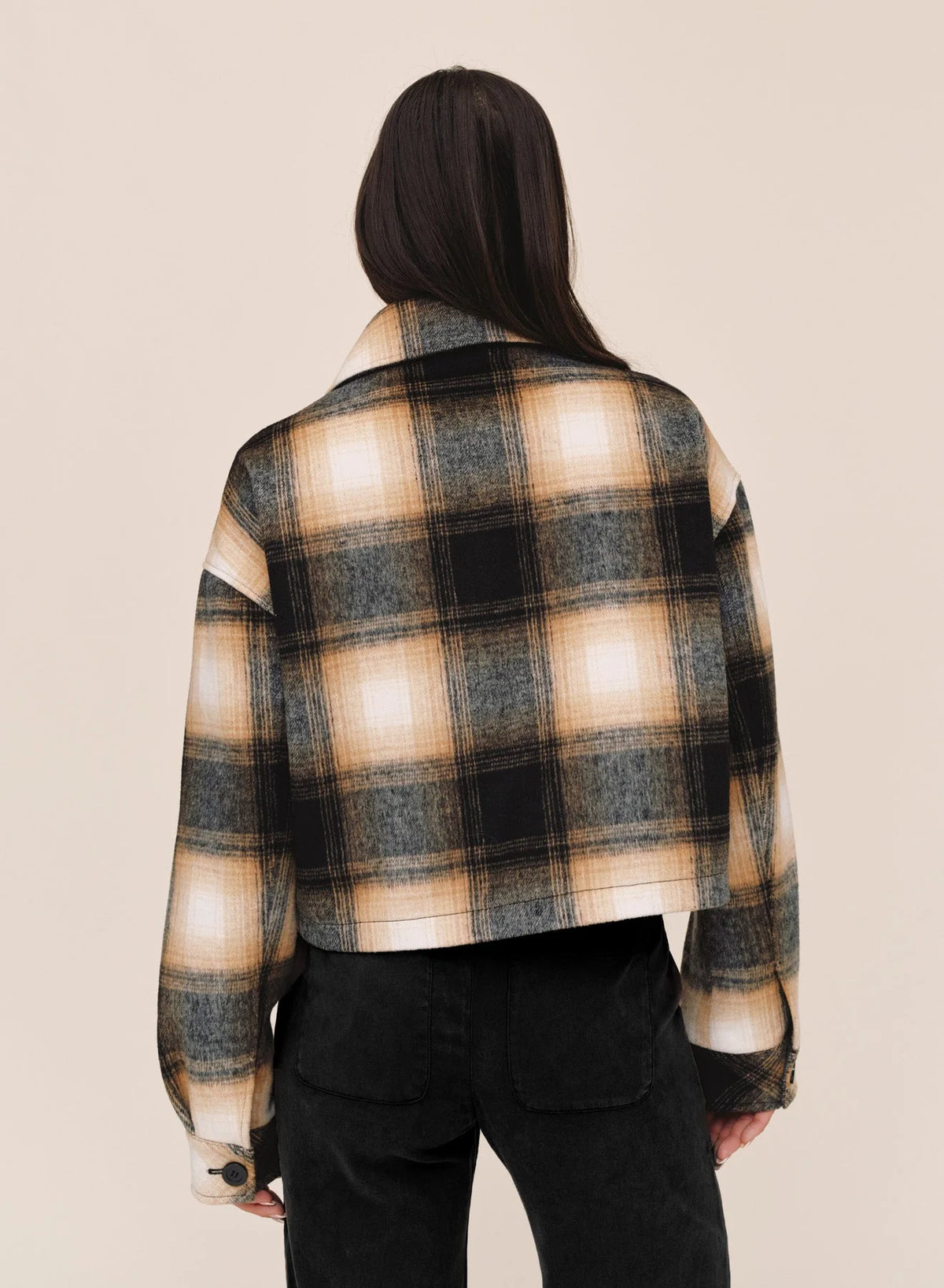Bella Dahl cropped plaid wool jacket in black, tan, and cream check pattern