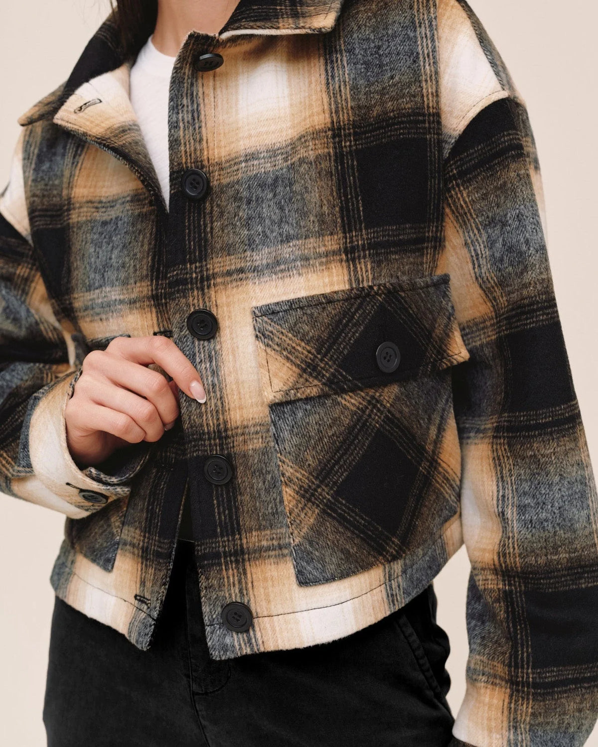 Bella Dahl cropped plaid flannel jacket in black, tan, and cream with button front