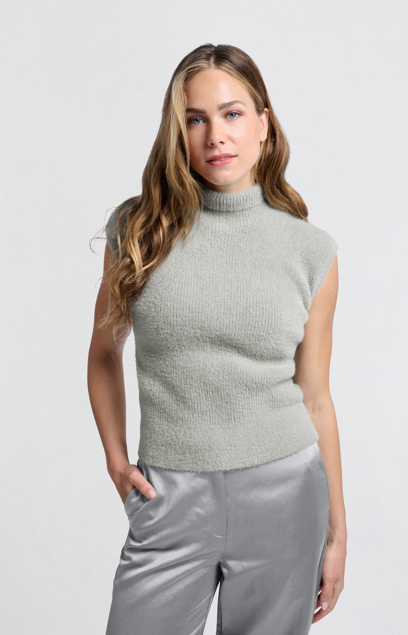 FURRY SLEEVELESS HIGH NECKLINE SWEATER