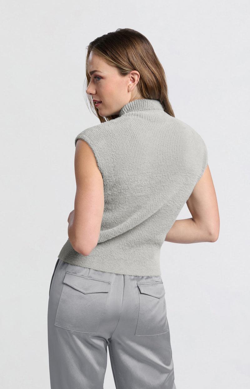 FURRY SLEEVELESS HIGH NECKLINE SWEATER