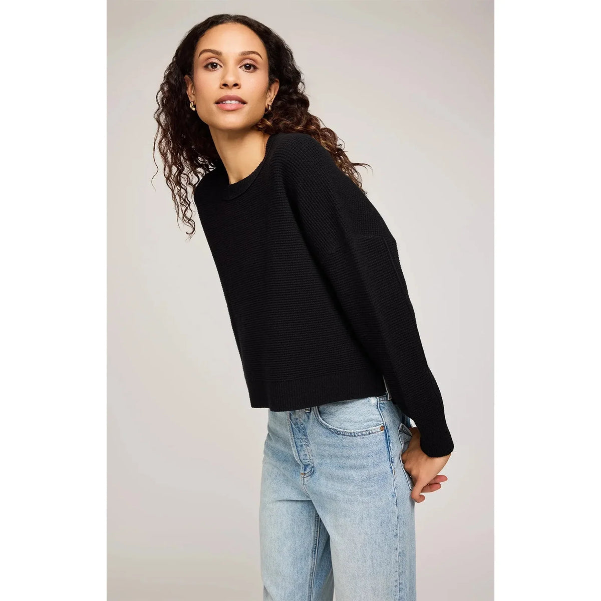 Gentle Fawn Anouk black waffle-knit cropped crew neck sweater with long sleeves