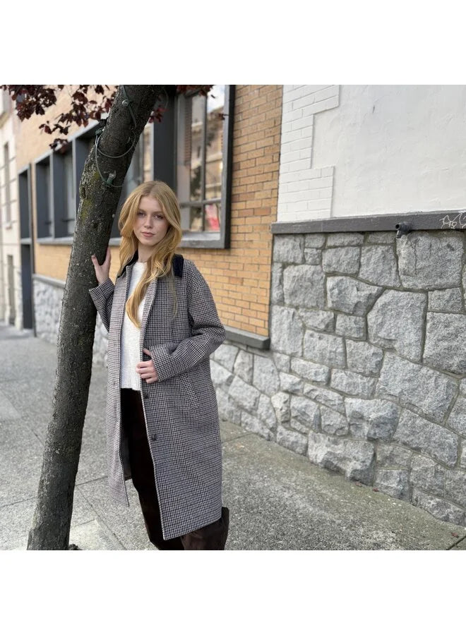 Gentle Fawn Millie houndstooth longline coat in grey worn open over white sweater