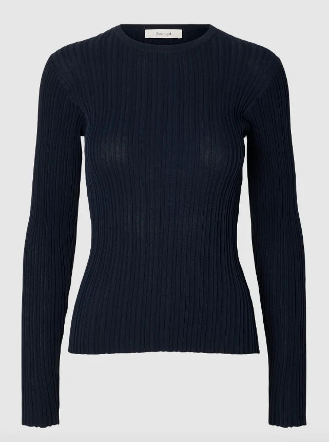 Selected dark navy ribbed knit long sleeve crew neck fitted sweater