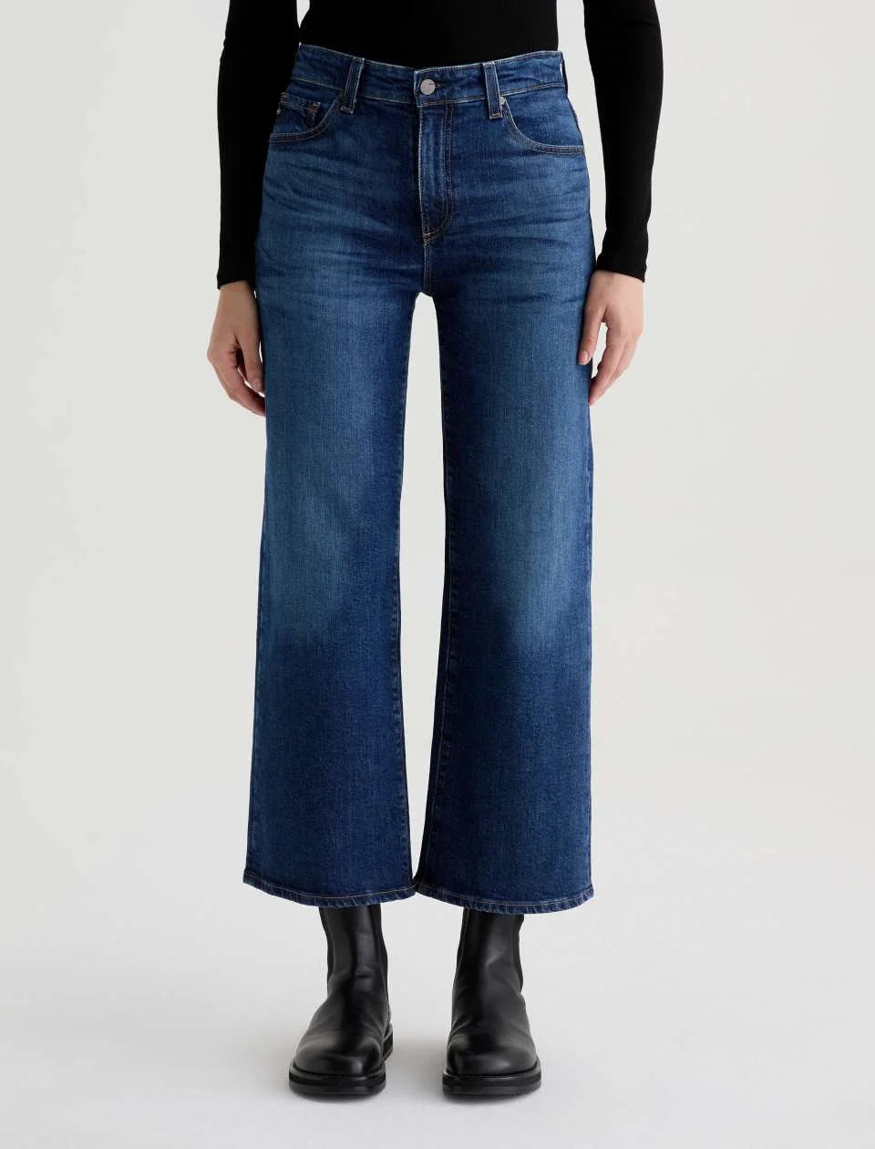 AG Saige wide leg crop jeans in dark blue denim wash, high rise