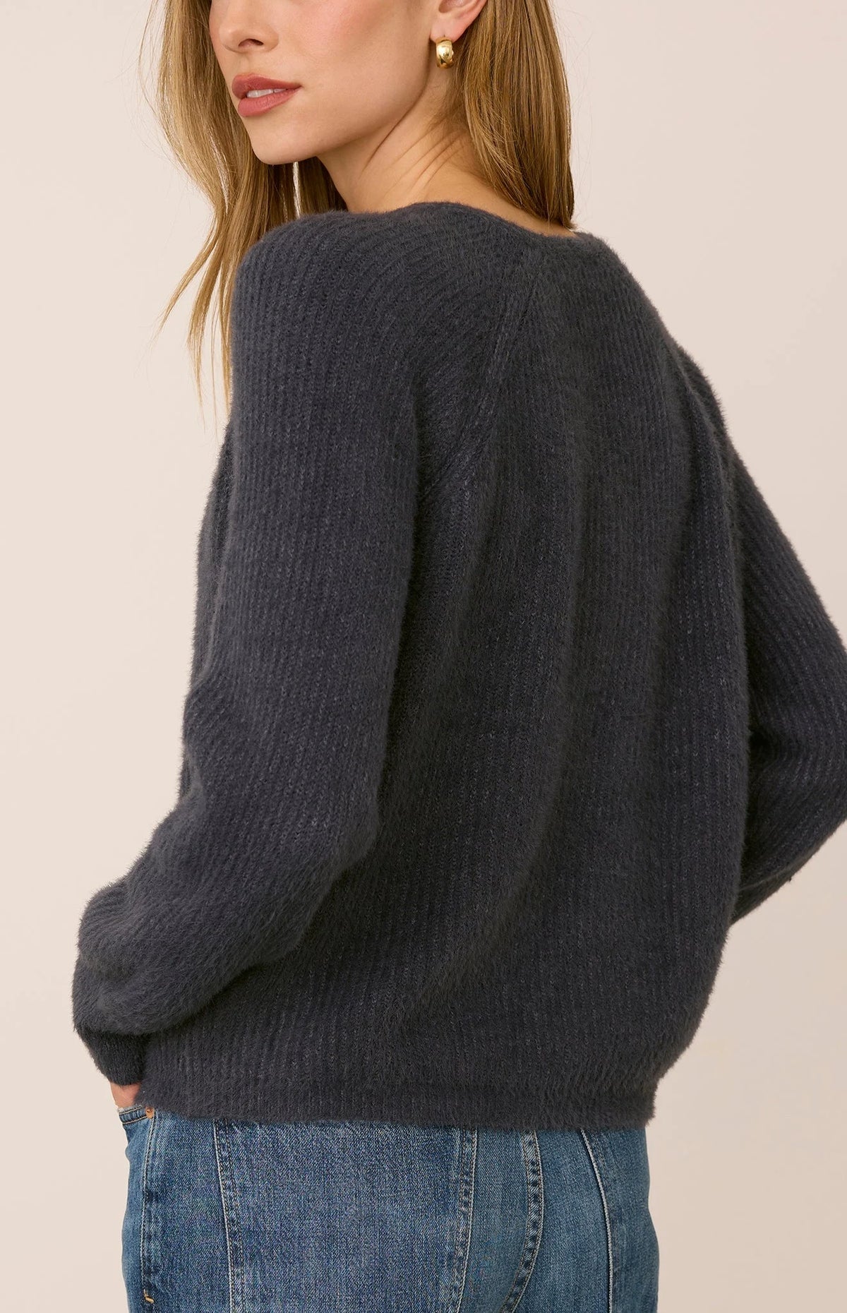 Gentle Fawn Filomena dark navy blue fuzzy knit pullover sweater, back view