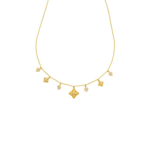 MYA-BAY Lotus Liberty gold necklace with floral diamond-shaped charms on delicate chain