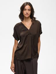 InWear Rinda chocolate brown V-neck short sleeve satin blouse with pleated front