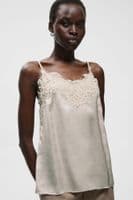 InWear Orahiw beige satin camisole with lace trim and thin straps