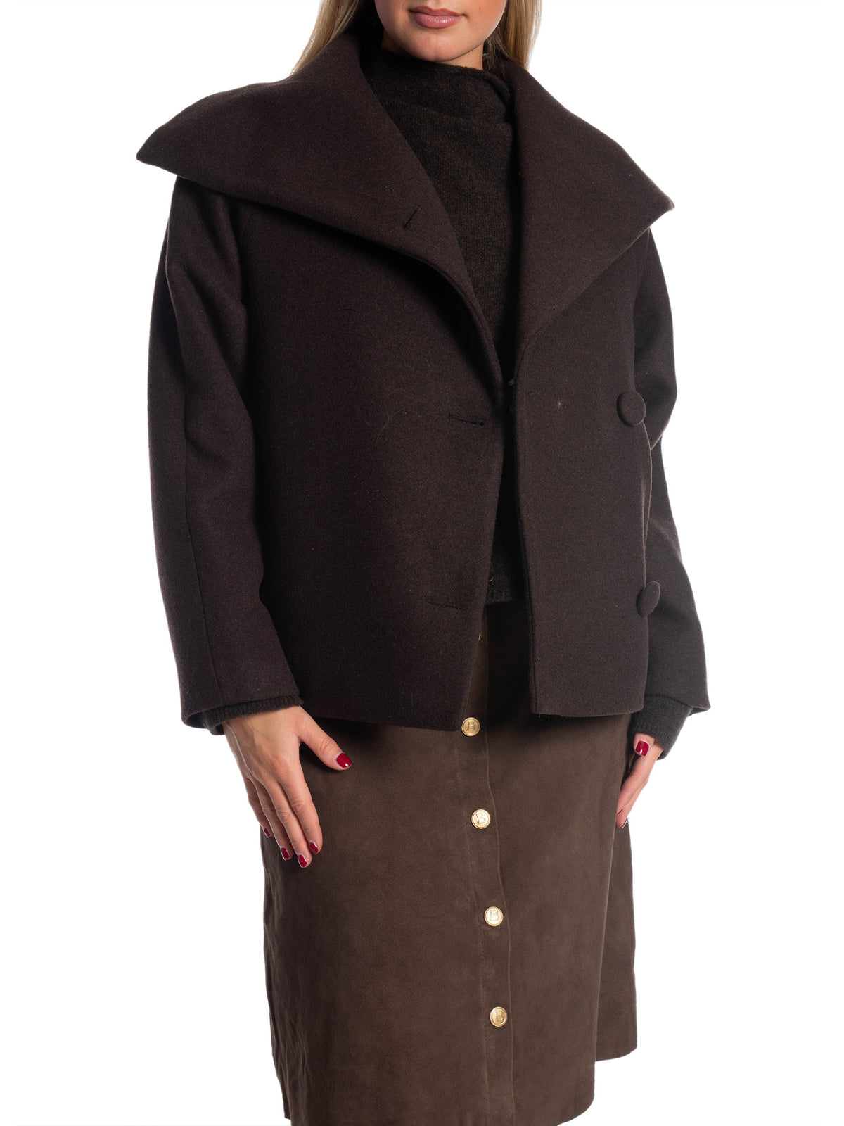 InWear Perry short dark brown wool coat with wide lapels and side buttons