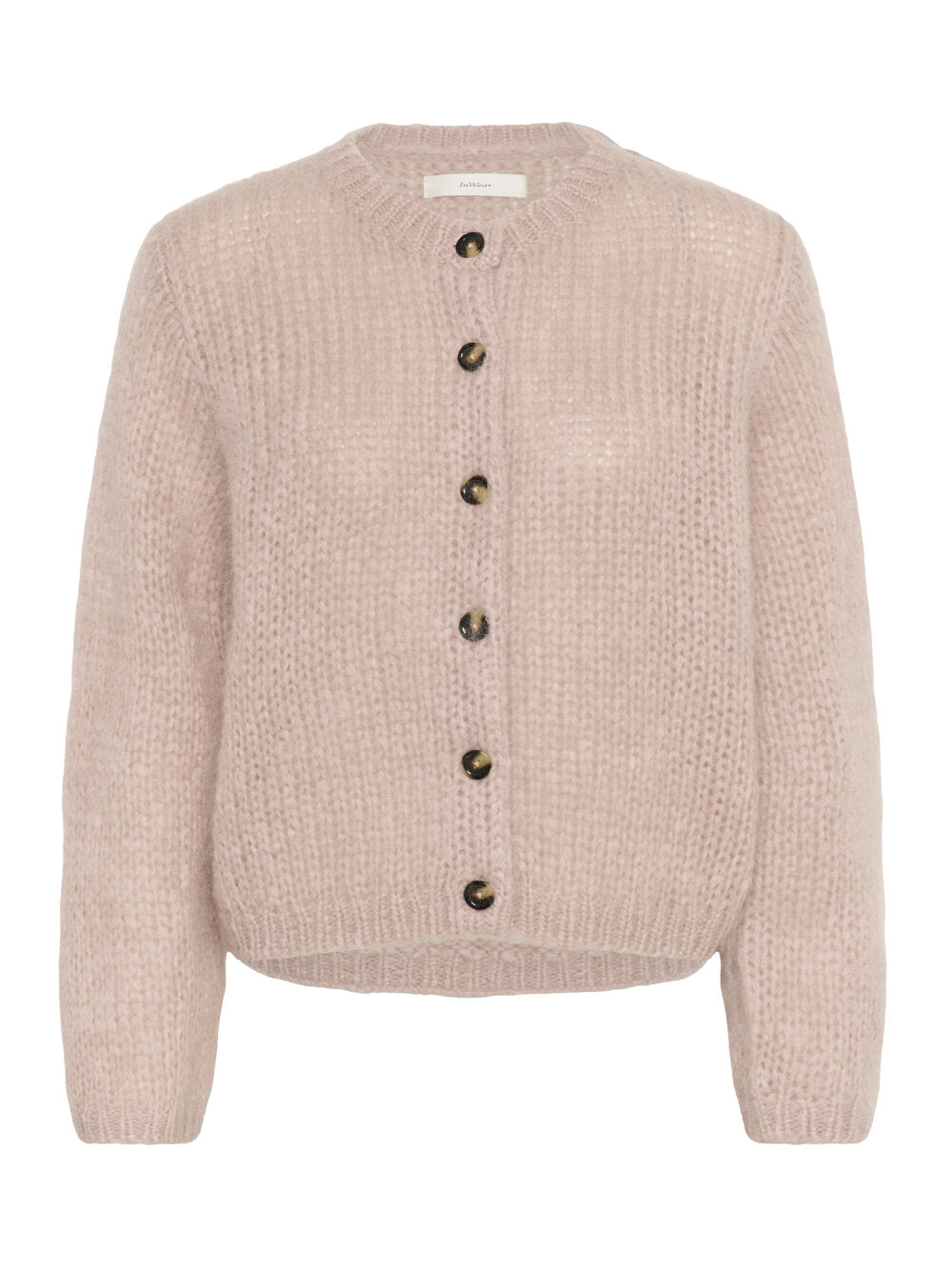 InWear Jetra Cardigan in Cinder, a soft fuzzy knit with dark tortoiseshell buttons