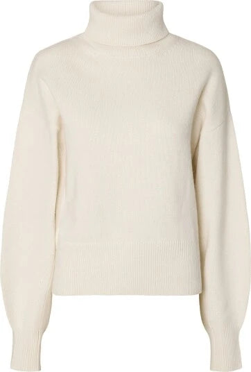 Selected Femme cream chunky knit turtleneck sweater with balloon sleeves