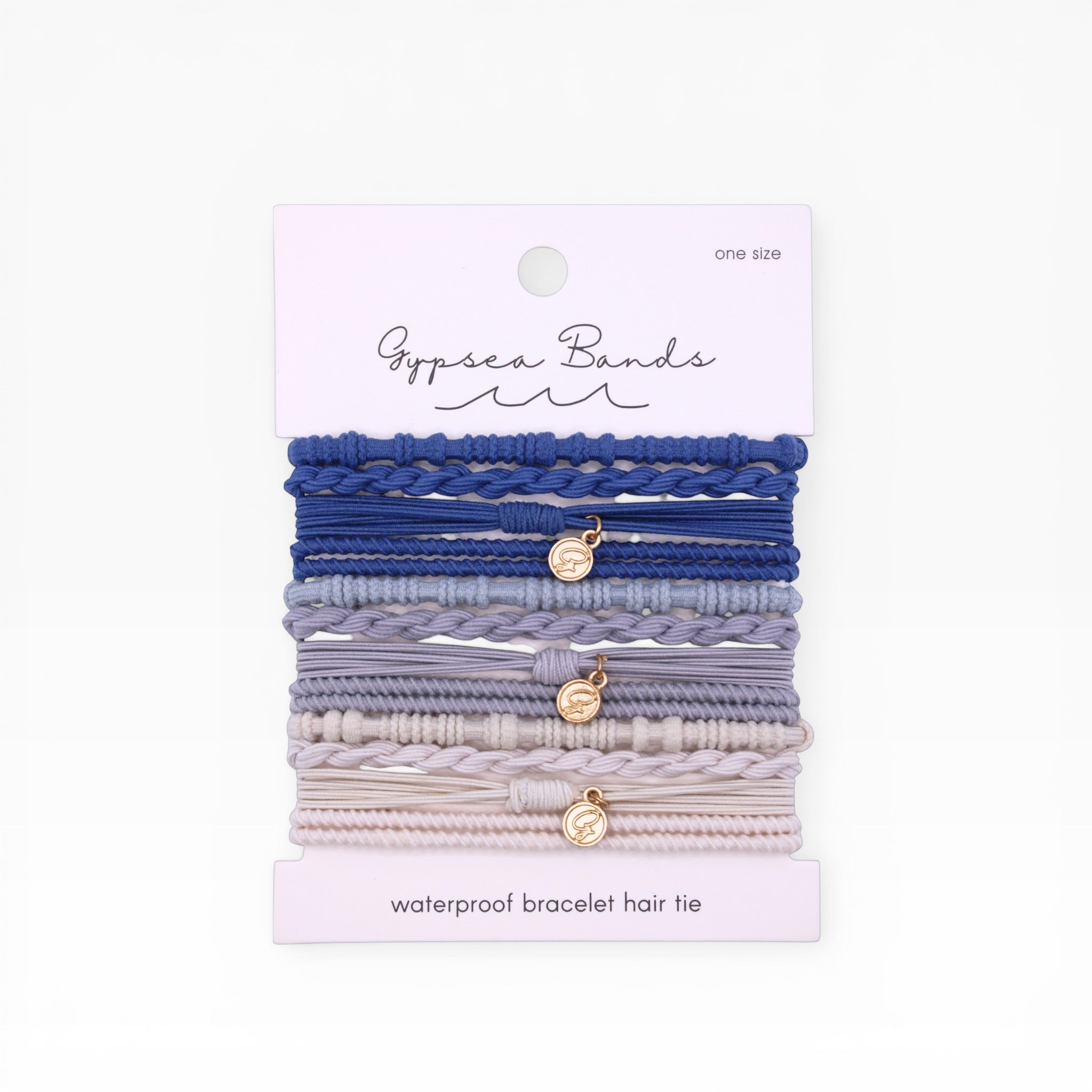 Gypsea Bands La Jolla waterproof bracelet hair ties set in blue, lavender, and cream tones on packaging card