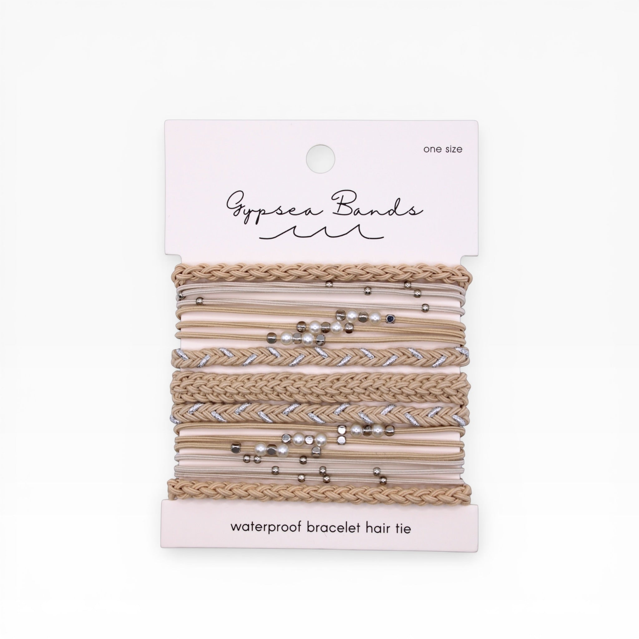 Gypsea Bands Hairtie Latte waterproof bracelet hair ties set in beige tones on packaging card