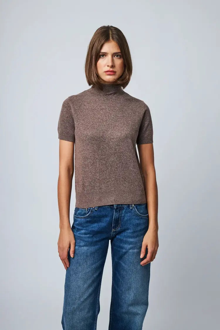 Line the Label Clara brown short-sleeve mock neck knit sweater on model with jeans