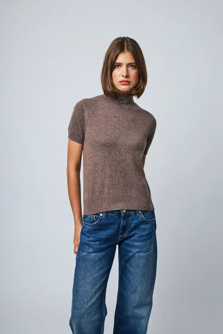 Line the Label Clara brown short-sleeve mock neck knit top with blue jeans