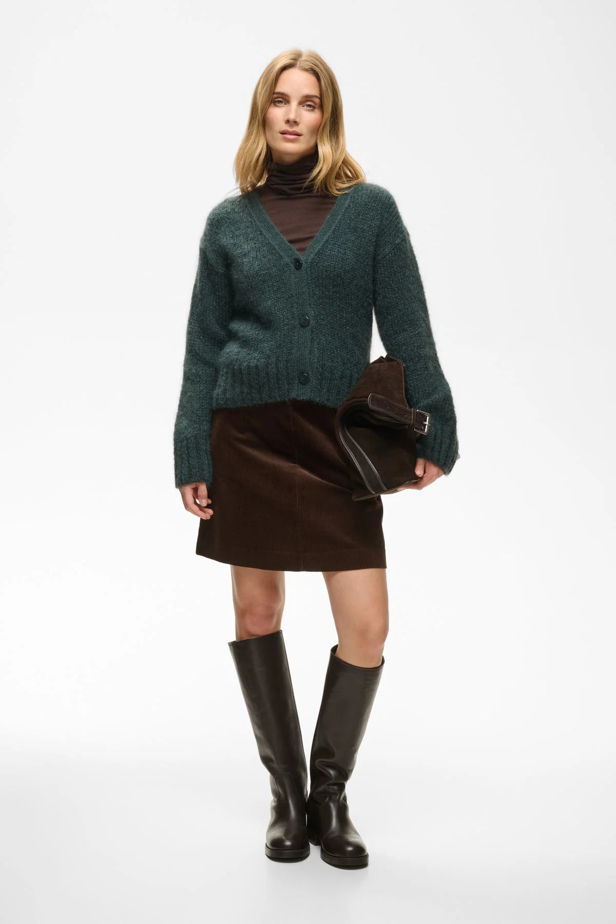 Dark brown corduroy mini skirt with flat waistband and straight fit