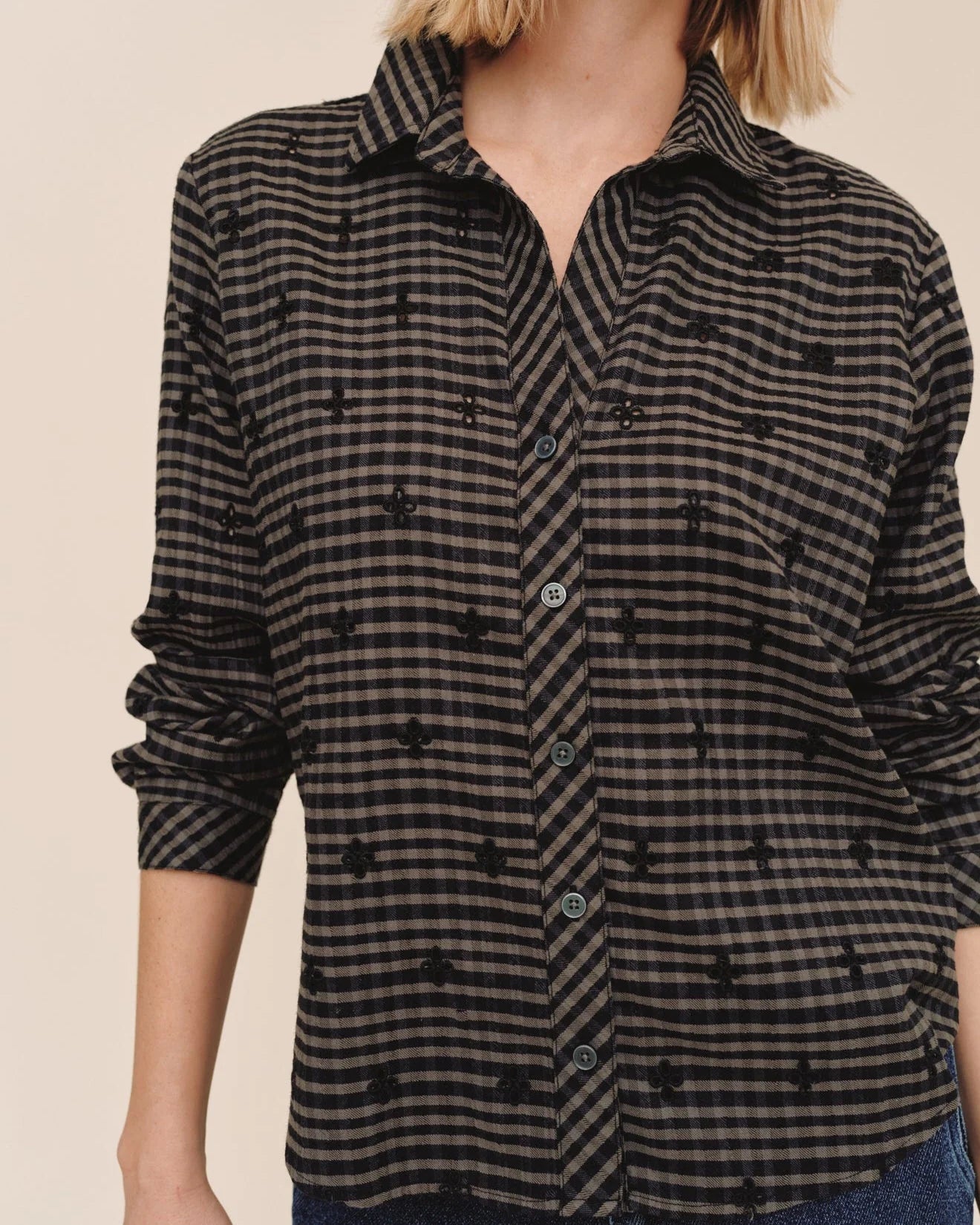 Bella Dahl long sleeve button down shirt in black and khaki gingham with floral embroidery