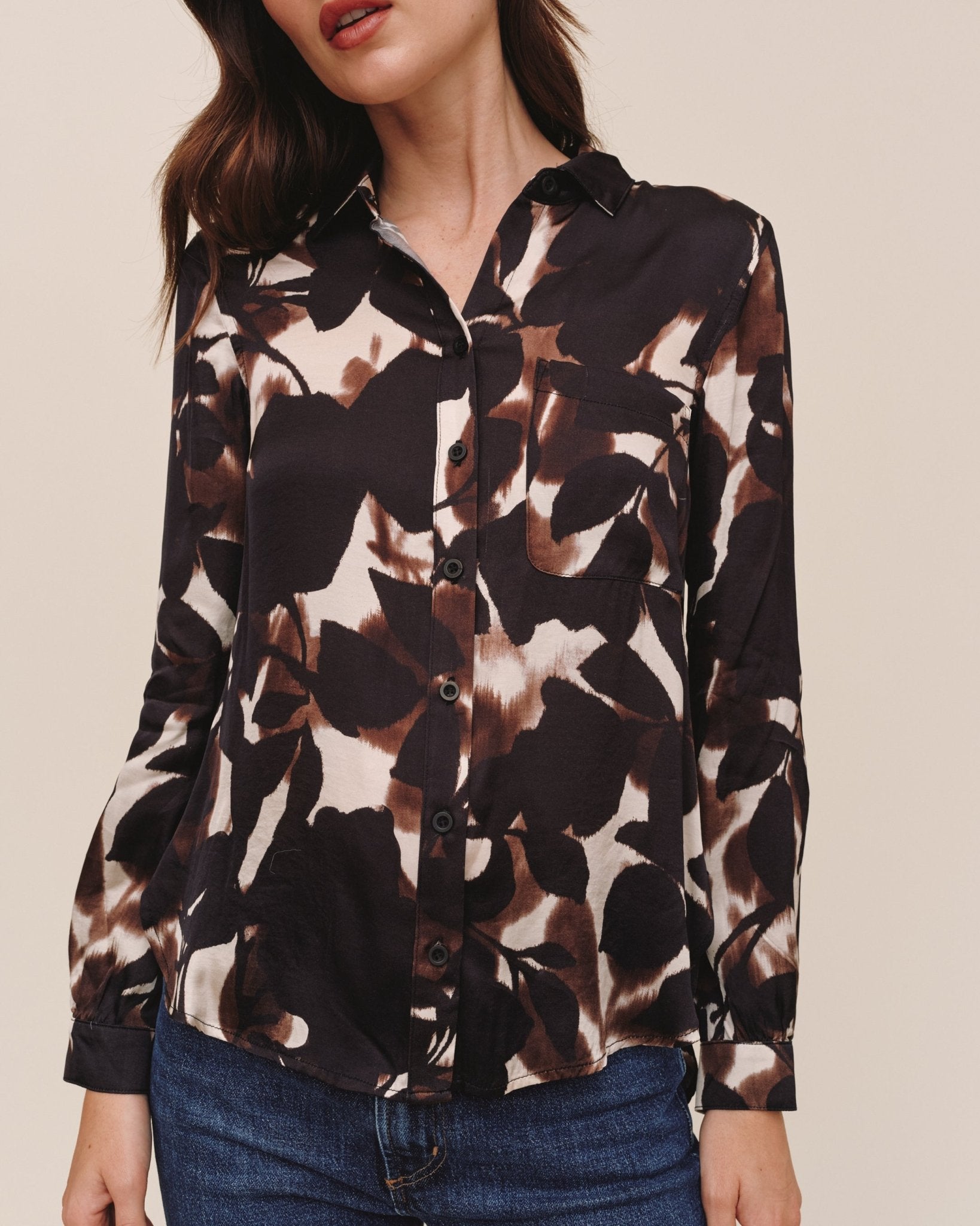 Bella Dahl long sleeve button-down shirt in Shadow Floral Print worn by model