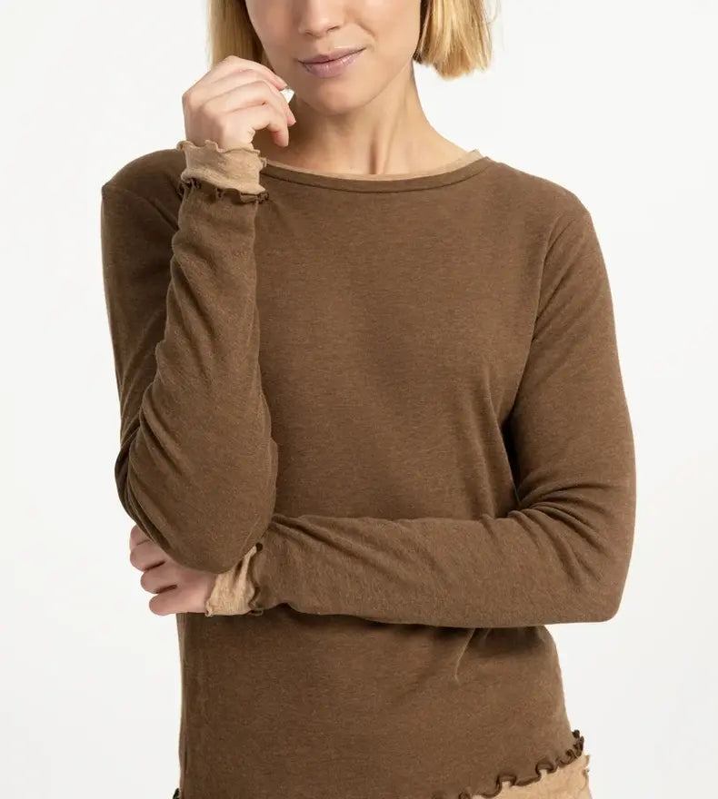 Women's brown long sleeve top with double layer ruffle trim detail at cuffs