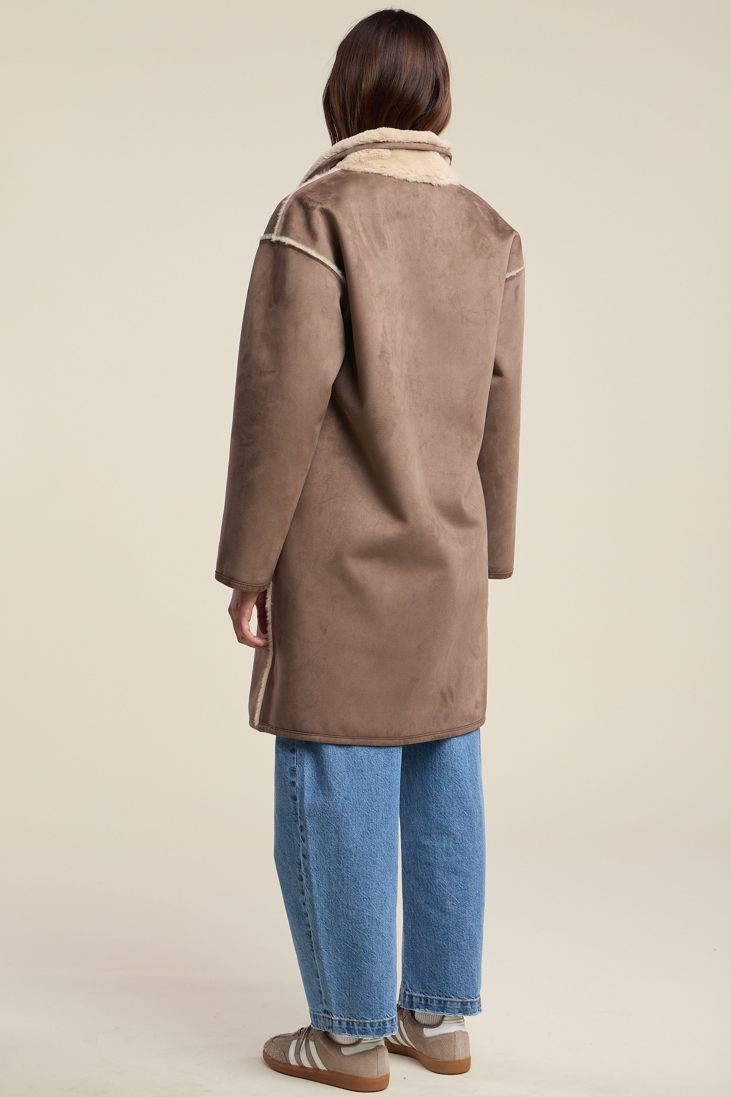 Back view of Velvet YVES07 faux shearling coat in faded coco with cream sherpa lining trim