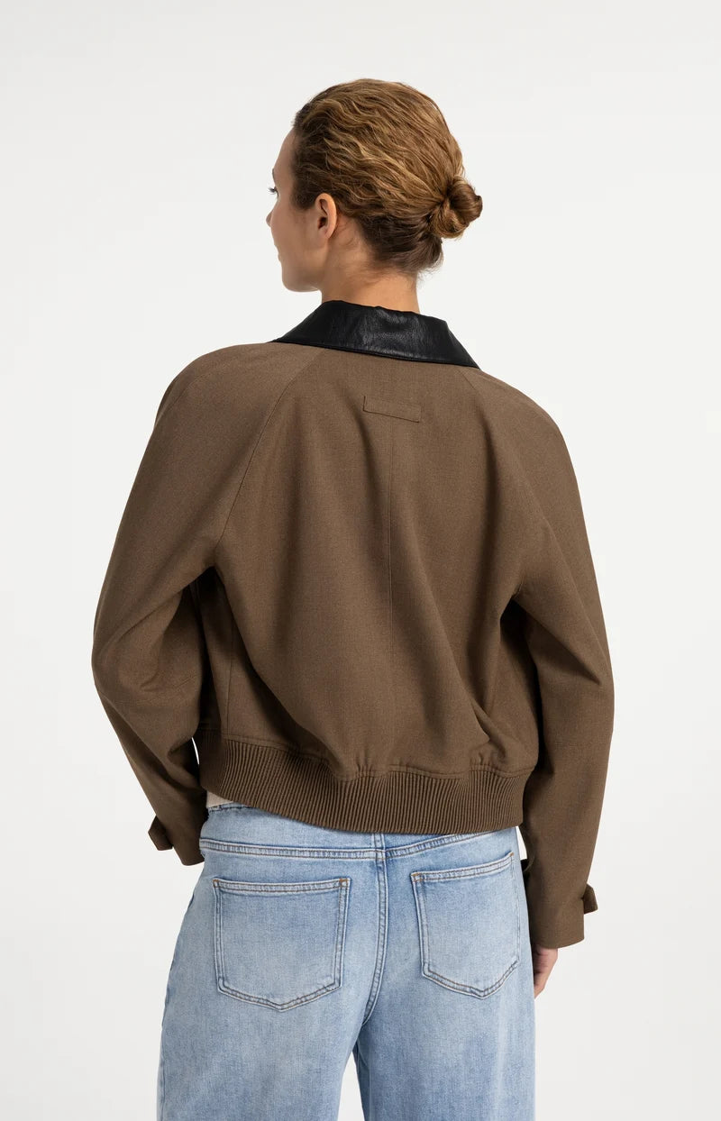 Brown melange bomber jacket with black faux leather collar and ribbed hem