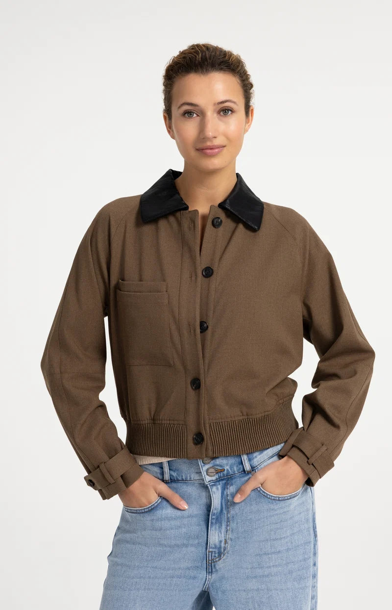 Brown woven melange bomber jacket with black faux leather collar and buttons
