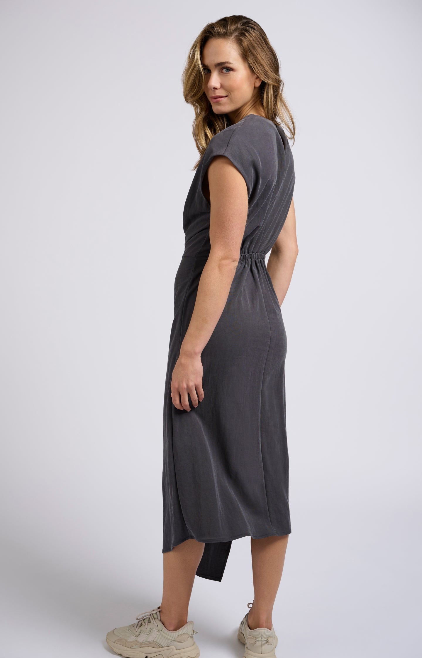 Midi dress with cap sleeves, faux wrap and pleated details