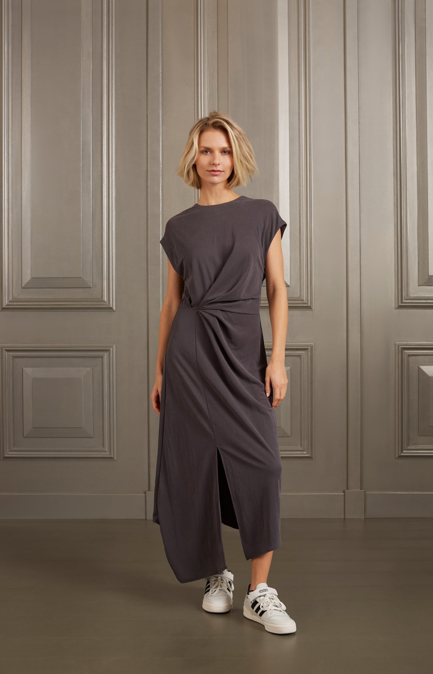 Midi dress with cap sleeves, faux wrap and pleated details