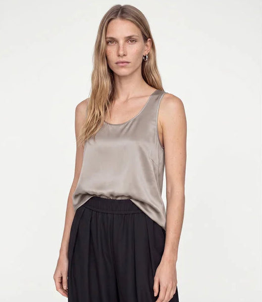 Mos Mosh Astrid silk tank top in taupe with scoop neck and chest pocket