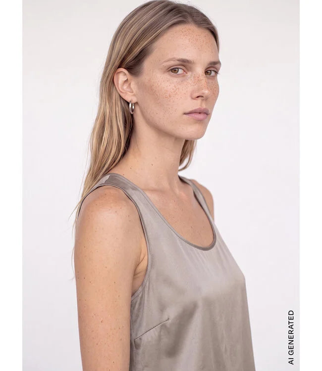 Mos Mosh Astrid Silk Tank Top in taupe grey with scoop neckline, sleeveless