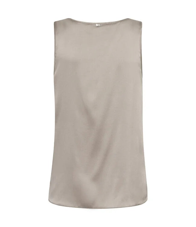 Mos Mosh Astrid silk tank top in taupe, sleeveless, back view with button closure
