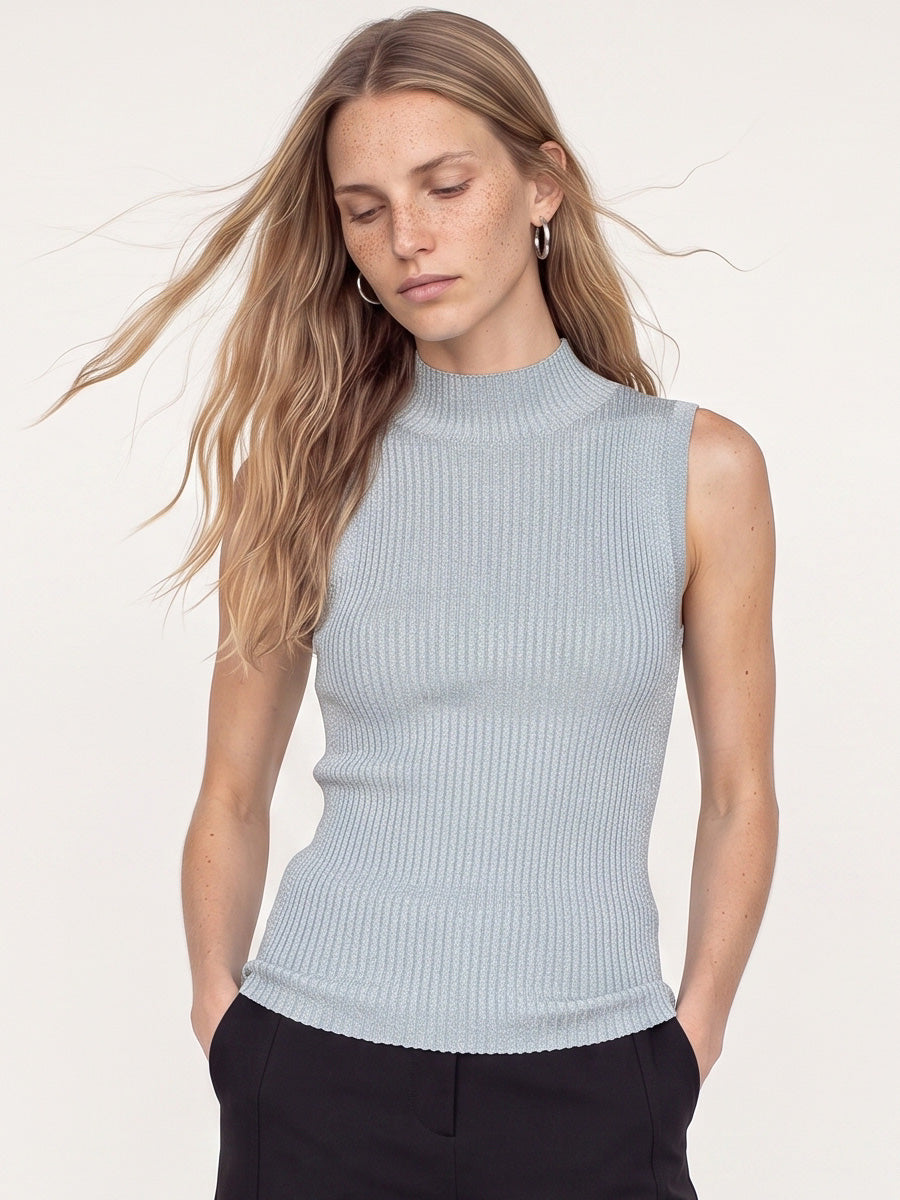 Model wearing Mos Mosh Imanja Highneck sleeveless ribbed knit top in lead blue