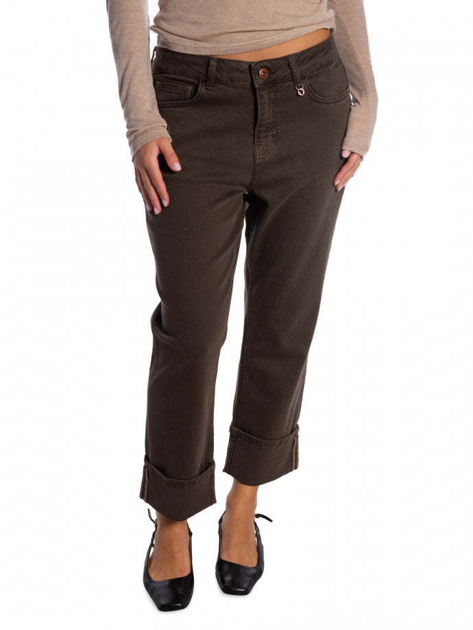 Mos Mosh Colorado dark brown straight-leg pants with cuffed hems and button closure