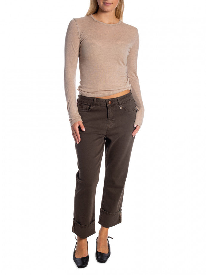 Mos Mosh Colorado dark olive cropped straight-leg pants with cuffed hems