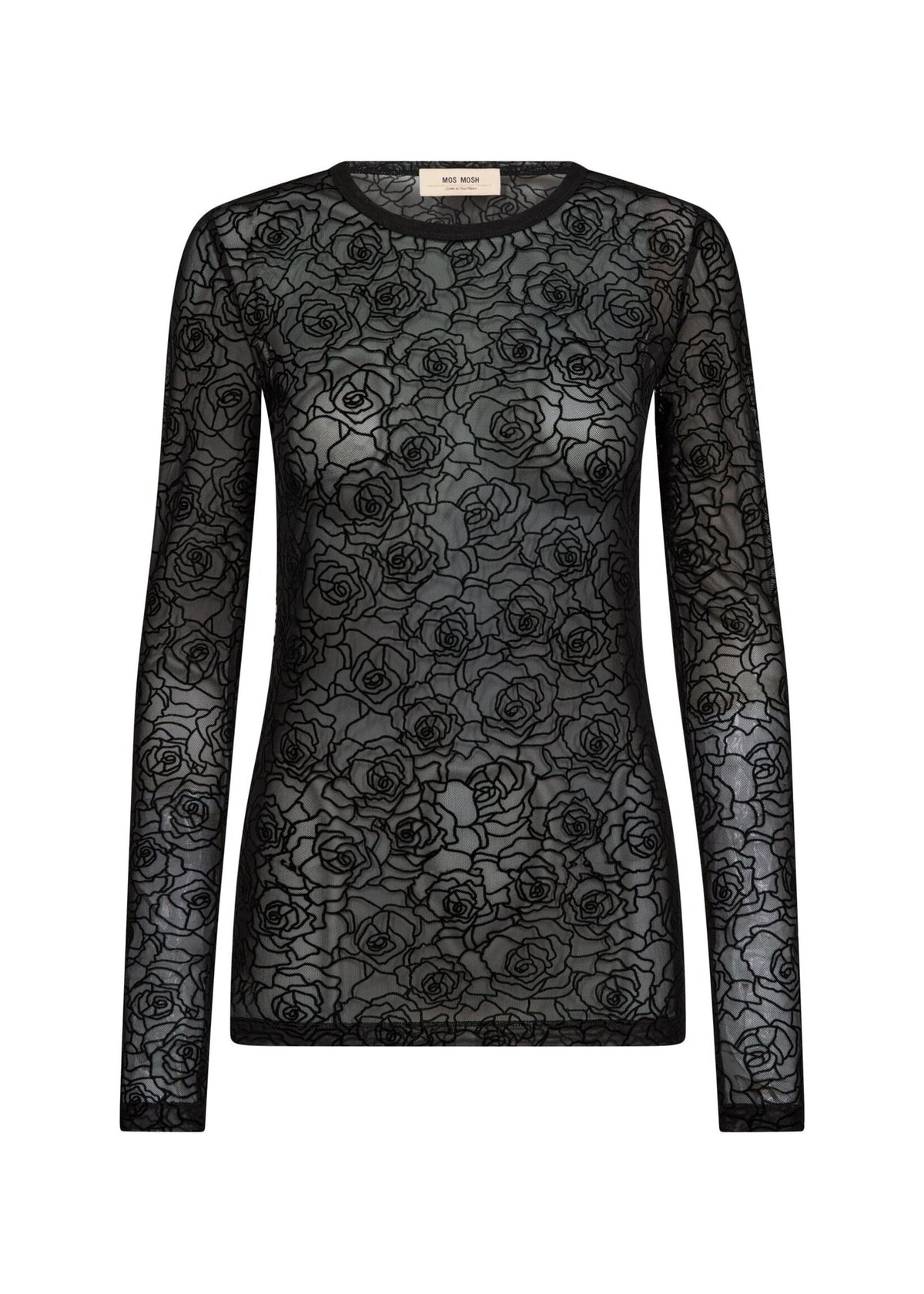 Mos Mosh Rose Mesh Blouse in black with floral rose pattern, long sleeves, front view
