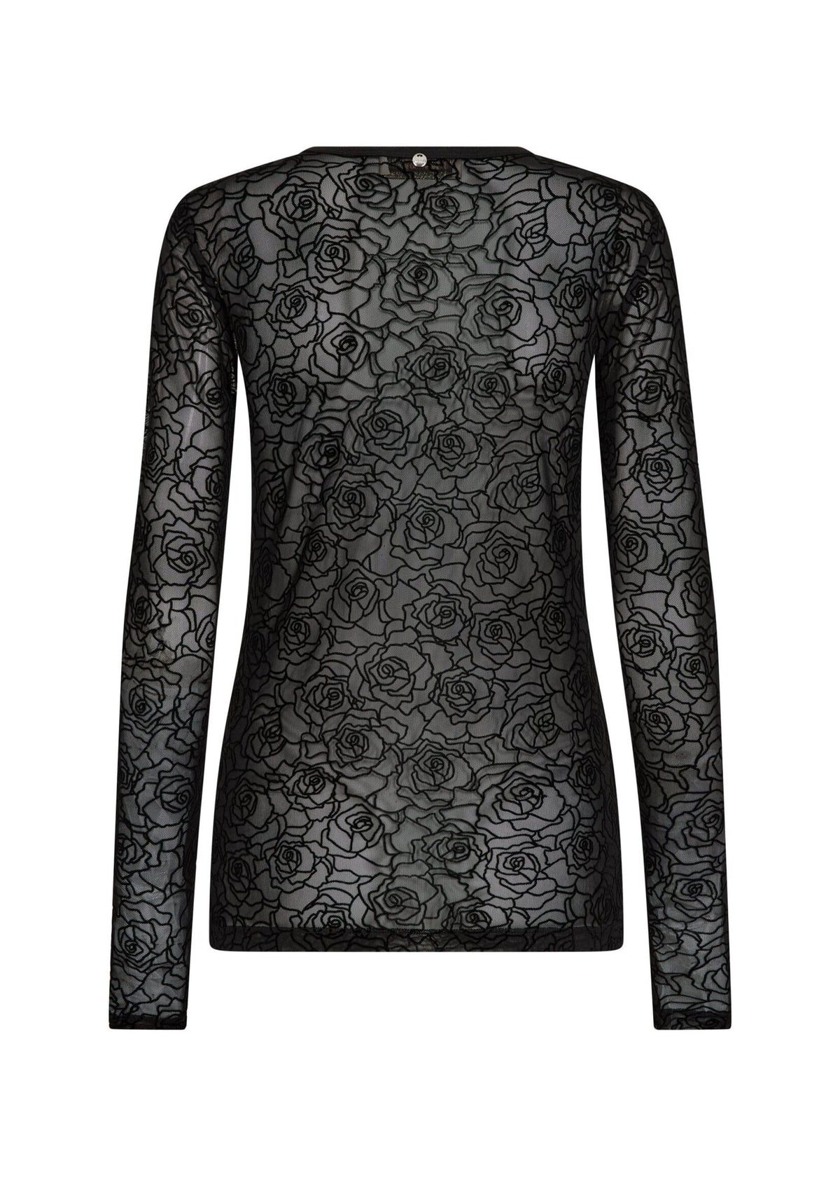 Mos Mosh Rose Mesh Blouse in black, back view showing sheer floral rose pattern