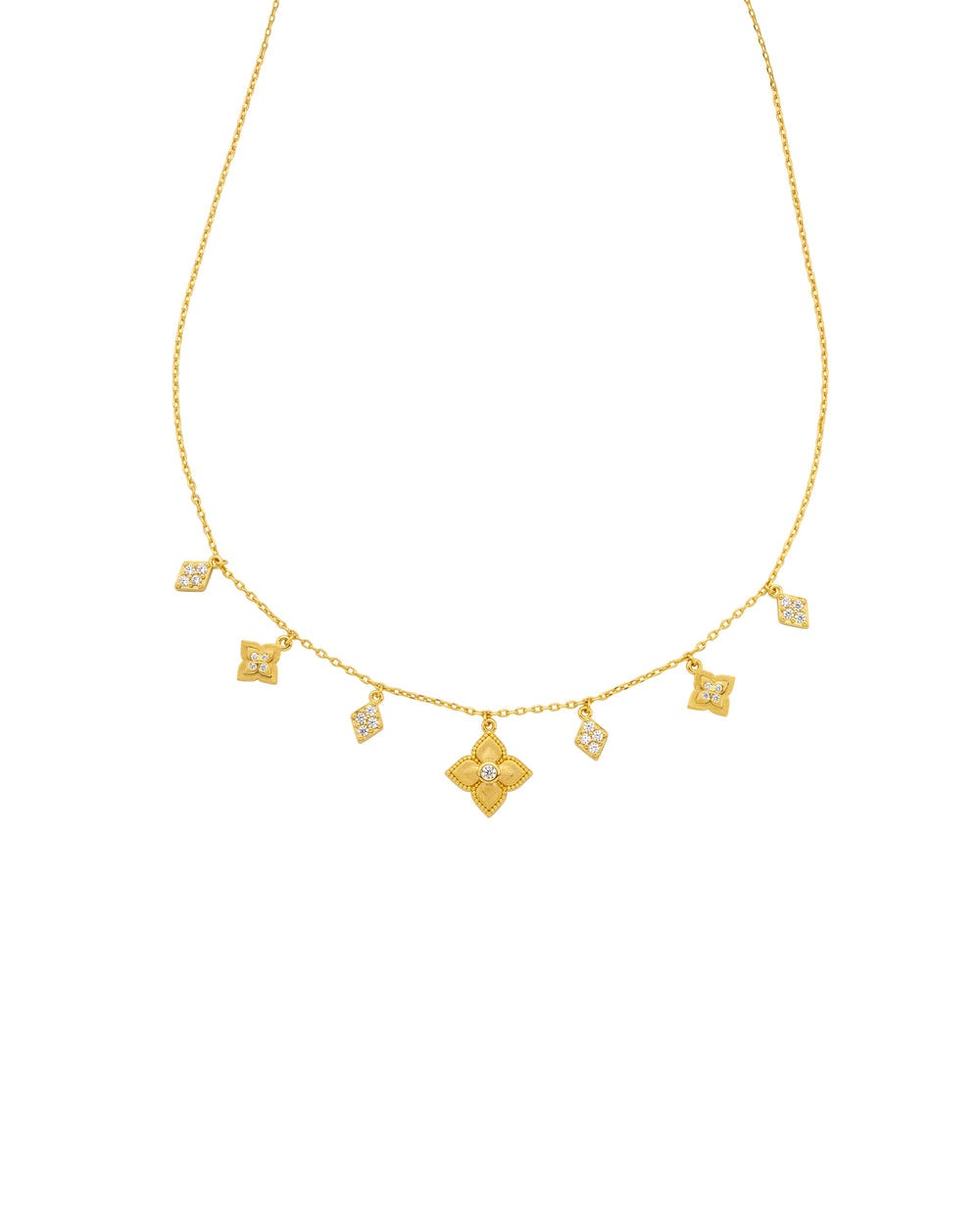 Gold chain necklace with seven diamond-shaped floral charm pendants set with crystals